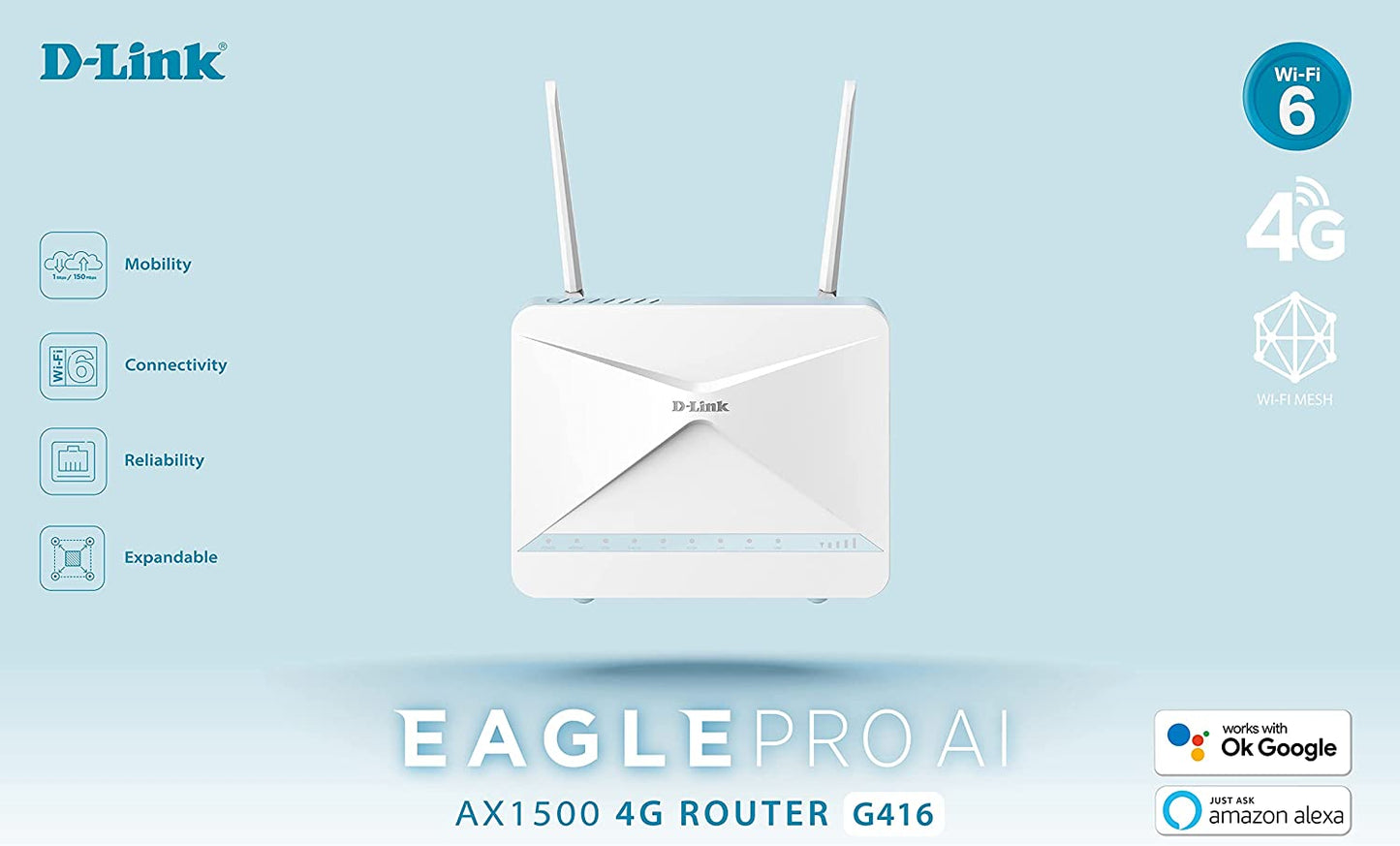 D-Link Eagle Pro G416 4G+ LTE Cat6 WiFi6 Router with Unlimited Data